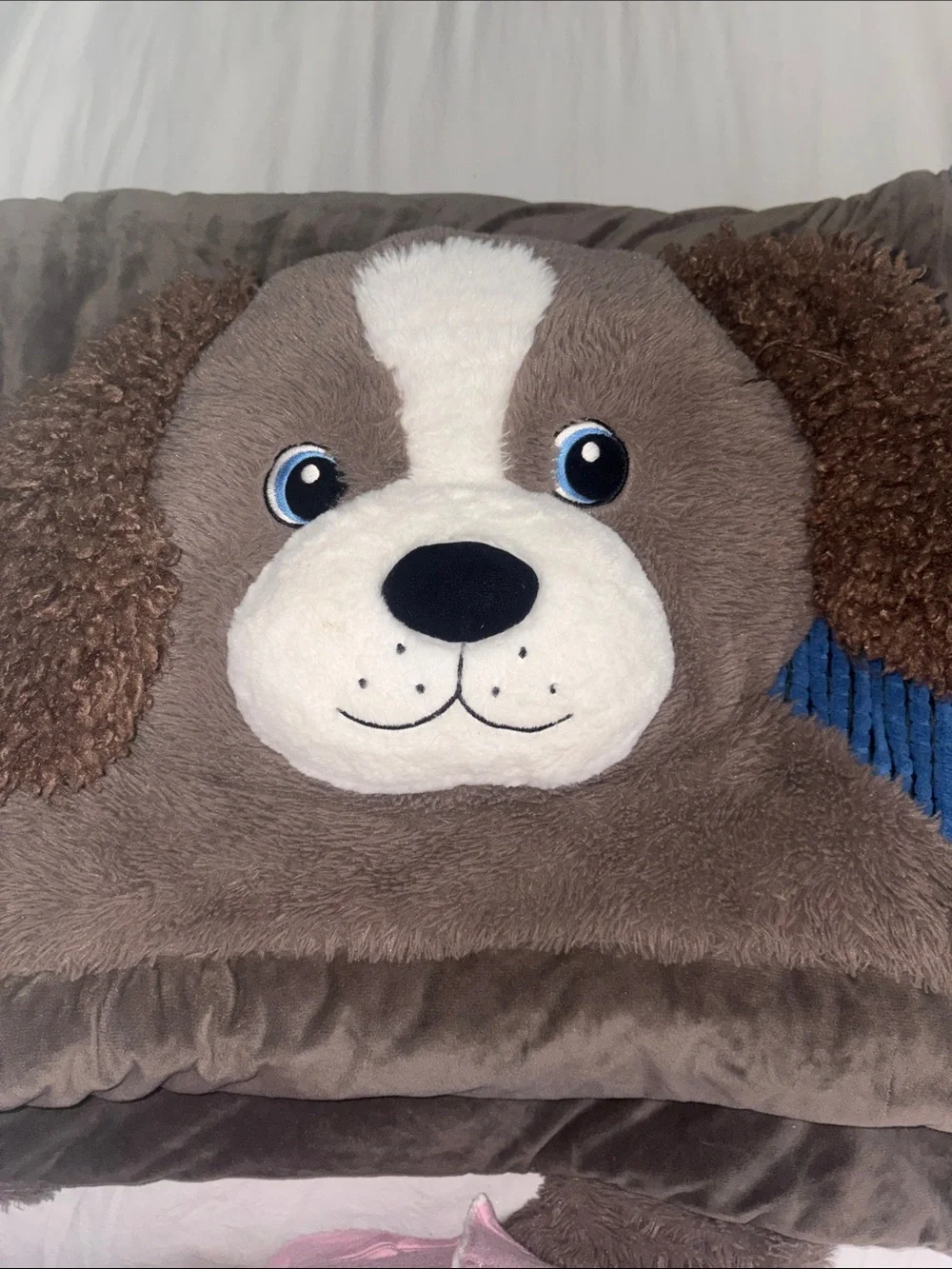 Plush Brown Puppy Floor Pillow Sleeping Bag with Blue Backing